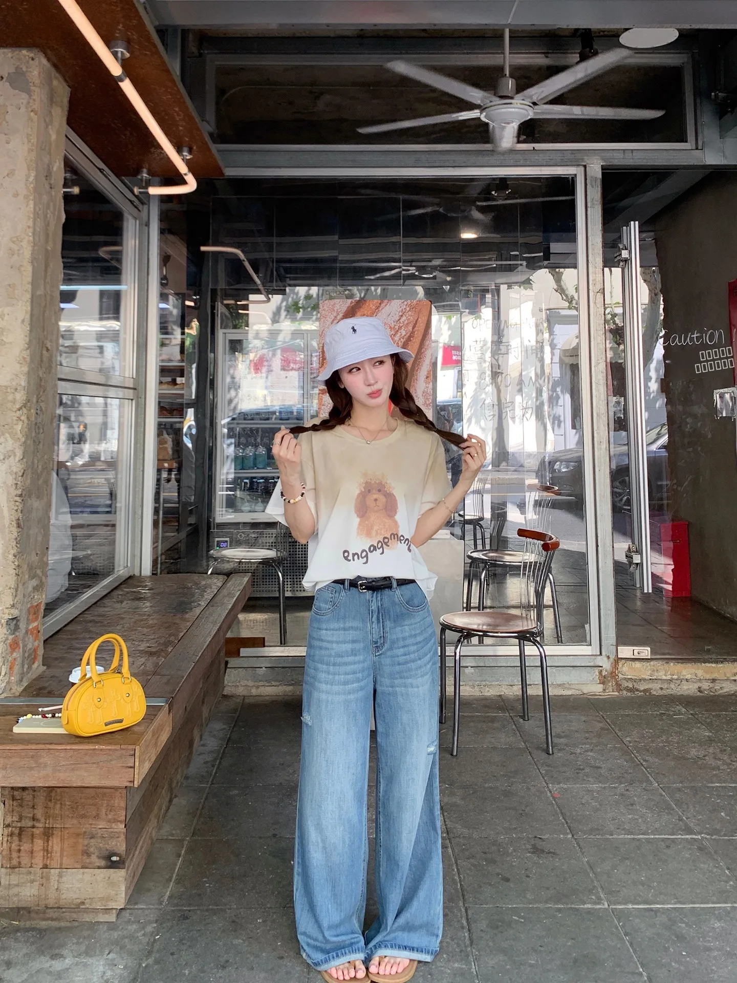 

Стильные свободные джинсы с широкими штанинами в корейском ретро-стиле, с дырками, женские, с высокой талией, из хлопка, повседневные, на молнии, летние, свободного кроя