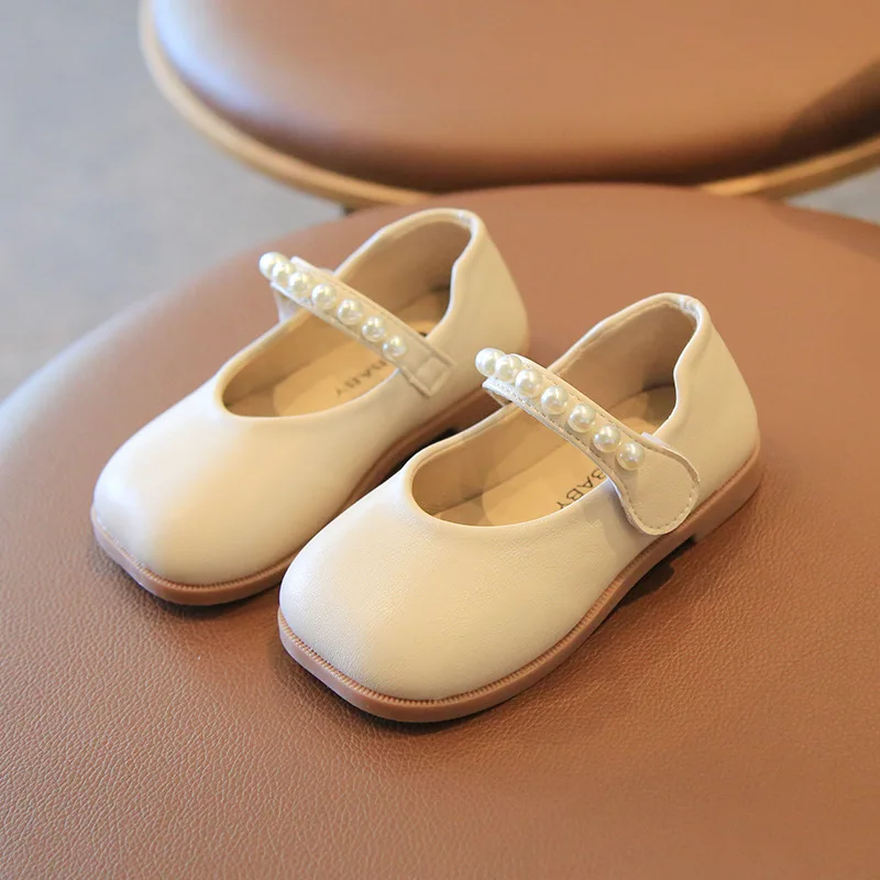 Zapatos de cuero para niños y niñas, calzado de princesa, con perlas, transpirables, planos, Mary Jane, primavera y otoño
