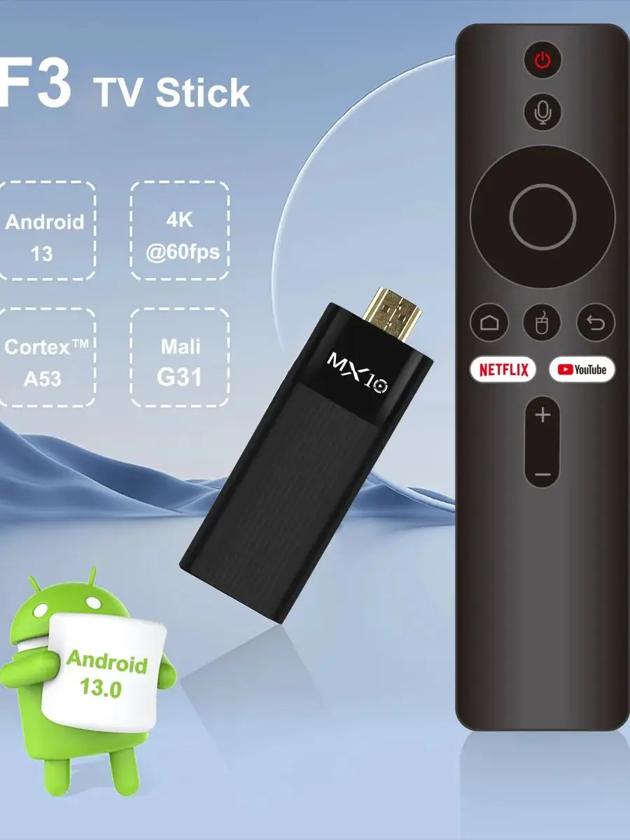 Ultra HD Android TV Stick, Mini Home TV Stick, Dual WiFi, 4K, MX10-F3, H313 Quad Core, 2,4, 5G, 2GB