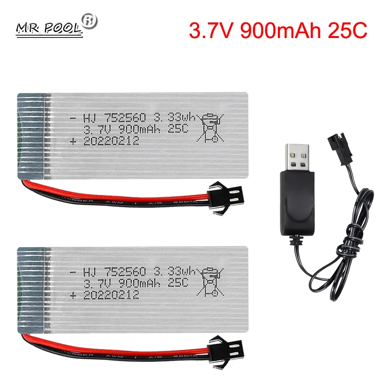 3.7V 900mAh Rechargeable Li-po Battery SM-2P plug + USB cable For X5 X5C X5SC X5SW 8807 8807W A6 A6W M68 Rc Drone Spare Parts