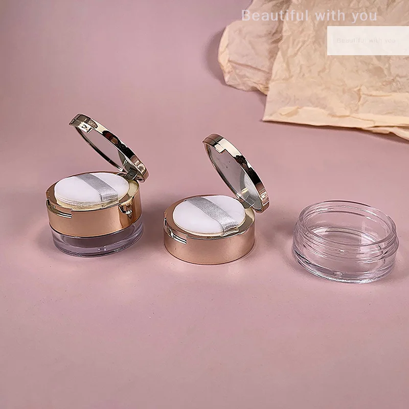 6g Gold Portable Cosmetic Flour Plastic Box Empty Loose Flour Pot With Sieve Travel Makeup Jar Sifter Container With Puff