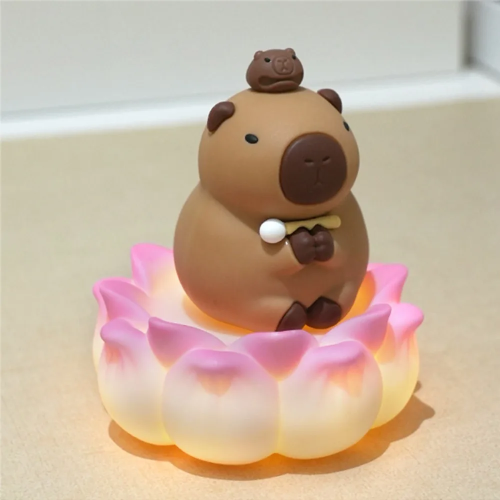 Lotus Base Capybara Figure Toys with Lights Figure Simulation Capibara Model Cute Model Capybara Animals Figures Desk Decor