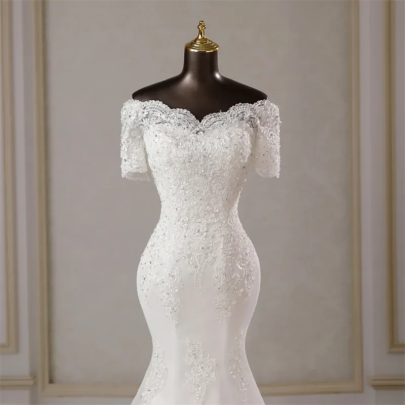 Vestido de novia blanco elegante, camisola de encaje con lentejuelas y cuentas, largo hasta el suelo, sirena