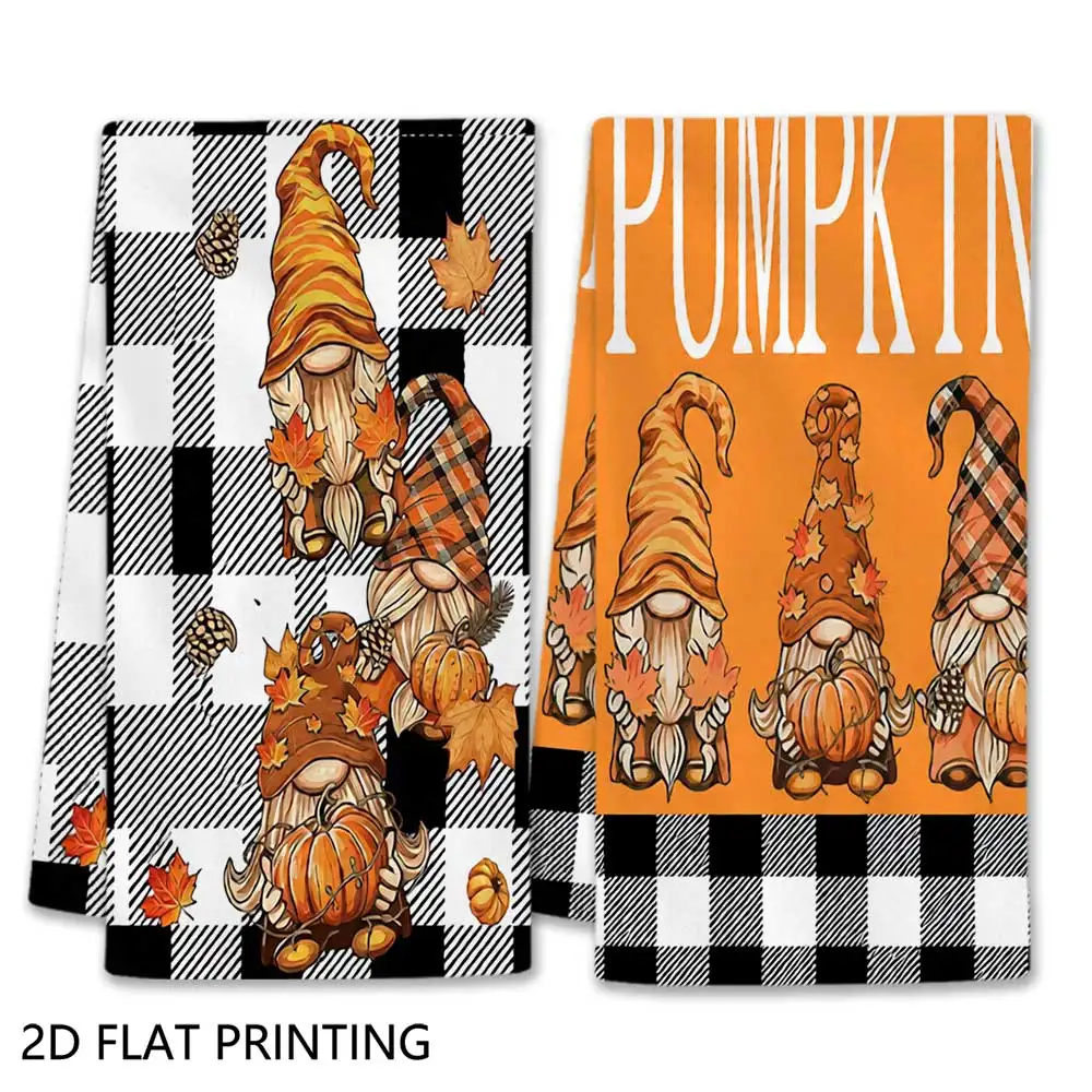 Jit 2pcs Fall Gnome Pumpkin Plaid Pattern Dish Towels For Autumn Fans Kitchen Harvest Decor