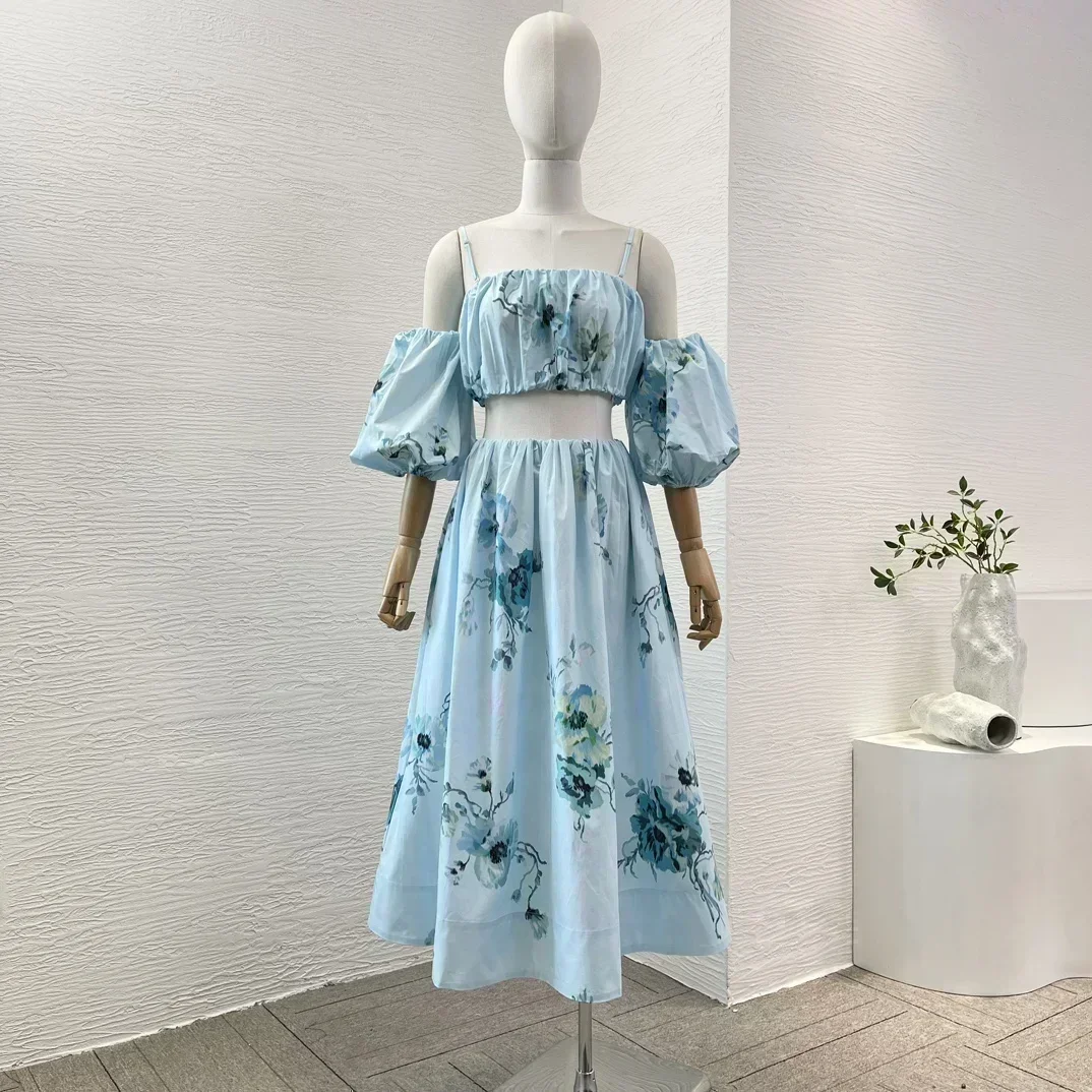 الأزرق الأزهار طباعة 2024 القطن المرأة الجديدة الصيف نصف كم عارية الذراعين أنبوب القمم وتنورة طيات عطلة مجموعة #2