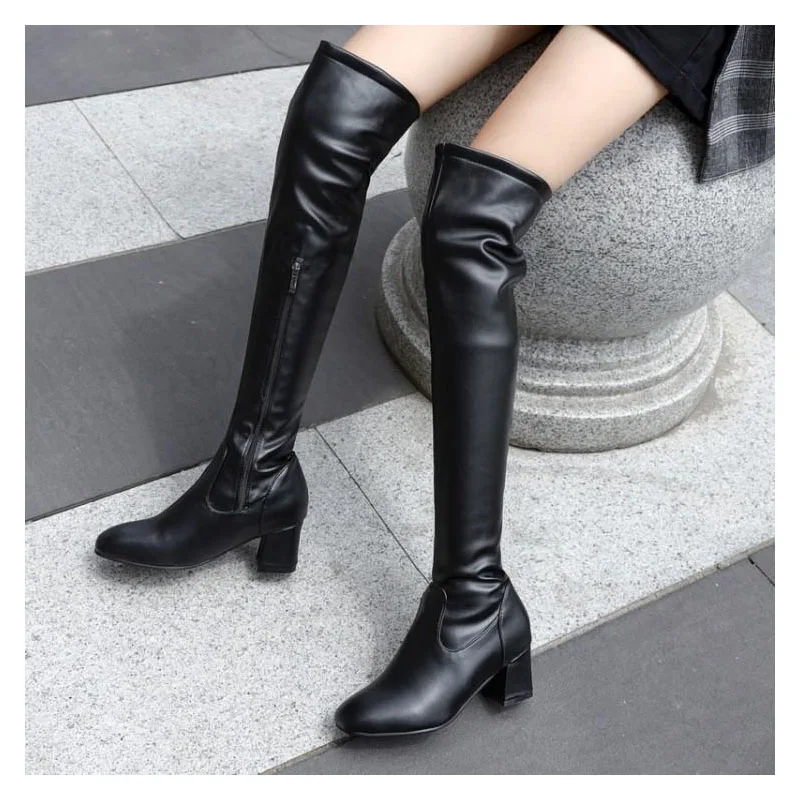 2021 Fashion Knee High Boots Women Winter Boots Square Loe Heel Long Boots Square Toe Zipper Autumn Female Boots Black White