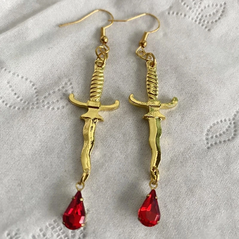 gothic, dagger earrings with blood red, knife earrings, red drop earrings, horror jewelry