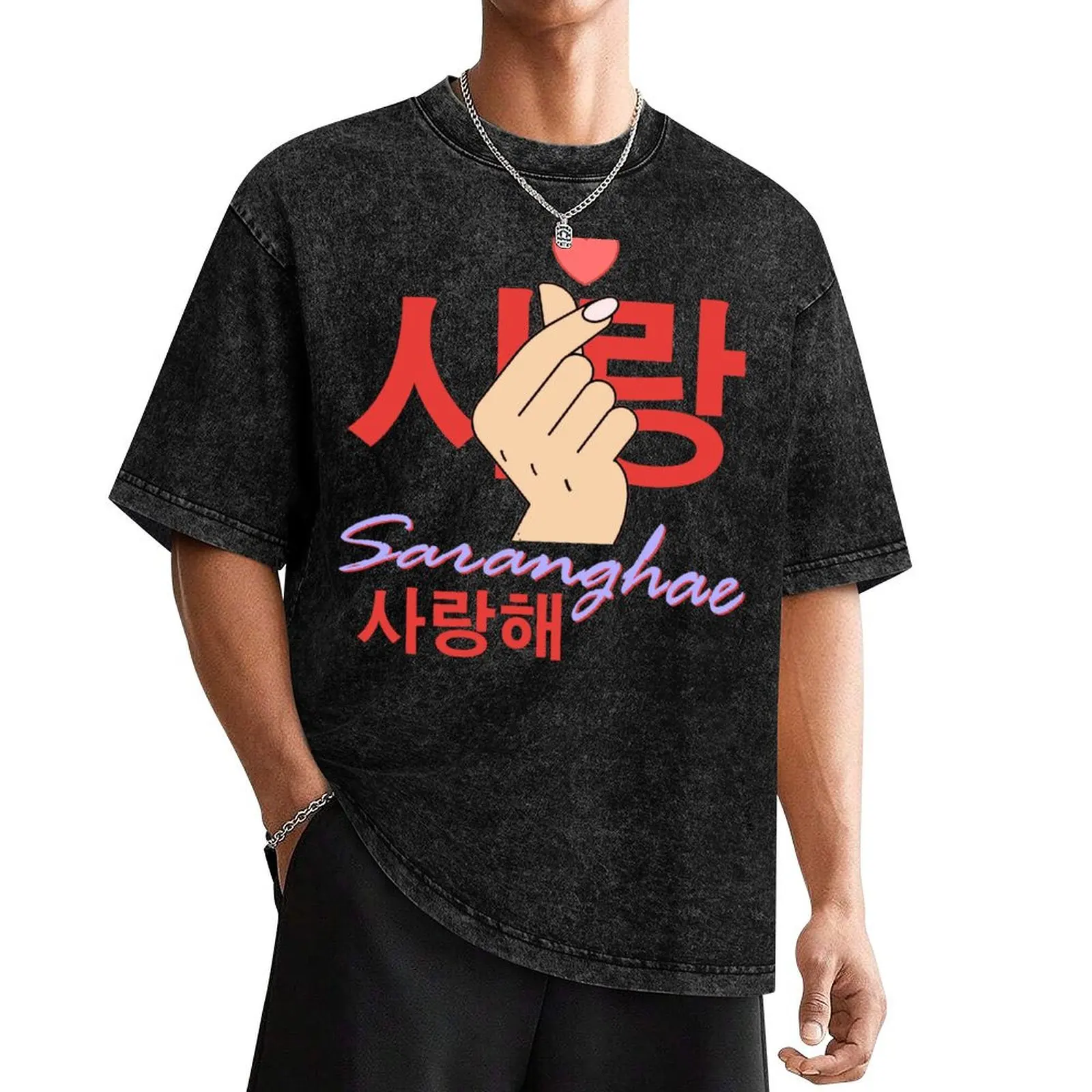 

Saranghae Korean Finger Heart K-Pop Oppa B.T.S T-Shirt man clothes shirts graphic kawaii clothes mens vintage t shirts