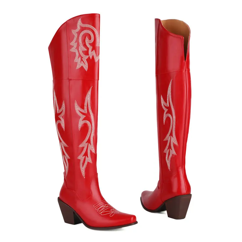 Ethic Western Cowboy Overknees Loose Wide Calf Botas Pointed Toe Chunky High Heels Embroidery Over-the-knee Long Women Boots