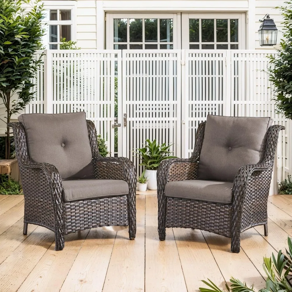 Juego de 2 sillas de patio con respaldo alto, sillas de mimbre marrón, asientos para exteriores, reposabrazos de 4" de ancho, silla para club al aire libre de ratán con remo gris