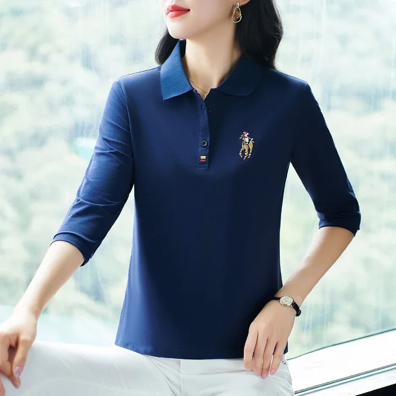 Women's Long Sleeve Embroidered POLO Shirt Solid Color Versatile T-Shirt Youth Tops Woman Clothes Top 2024 Shirts Casual Crop