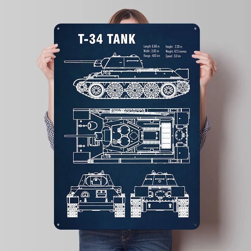 

Постер с изображением танка Т-34, индивидуальный дизайн, ретро-декор для стен, винтажные металлические таблички для мужской комнаты, украшение для игровой комнаты, уютного дома