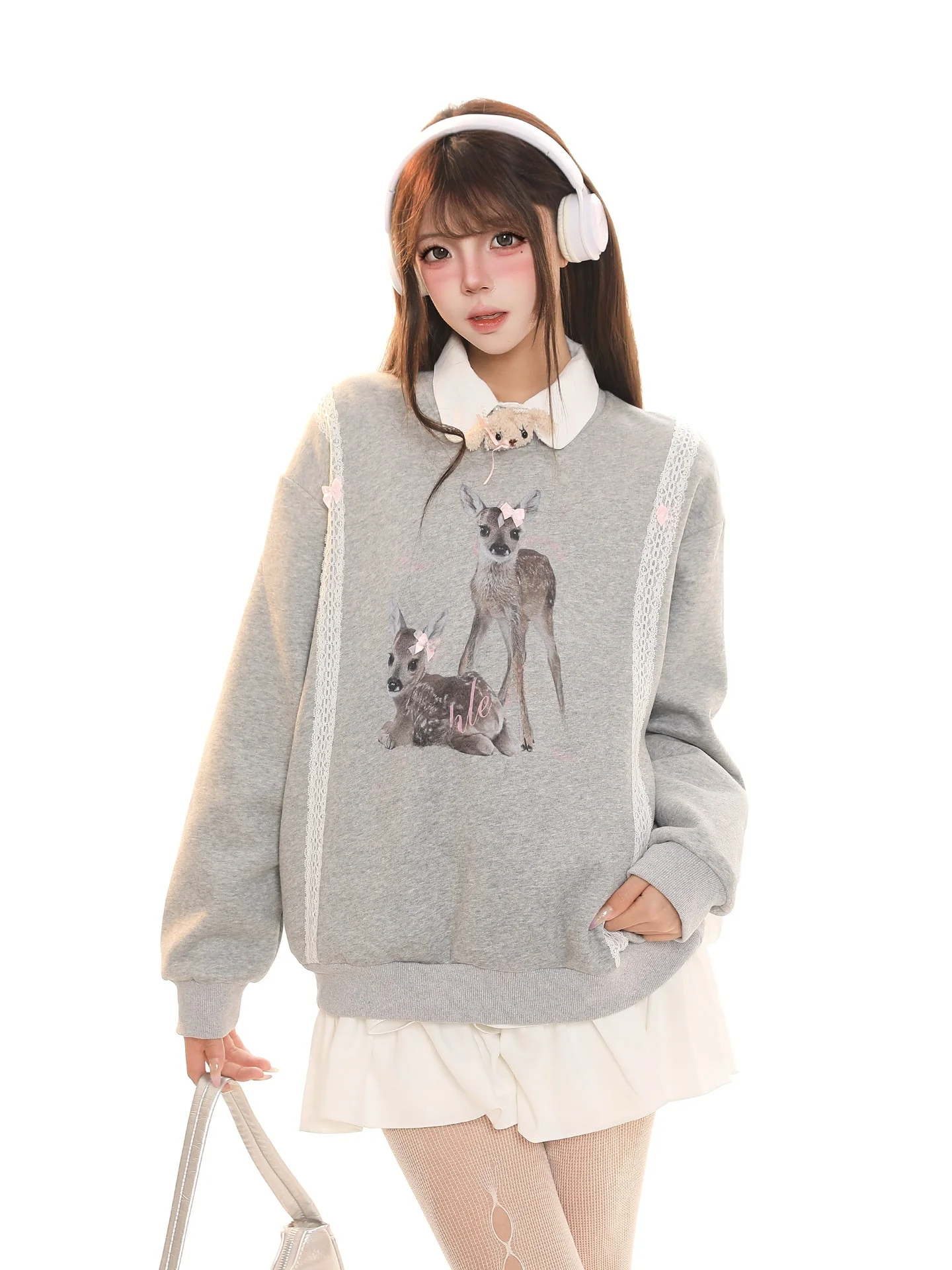 

Женская свободная повседневная толстовка с милым принтом оленя и кружевным воротником, новинка весна-осень, удобная женская худи