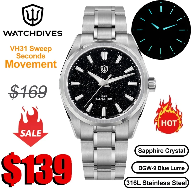 Watchdives WD0003C Quartz Watch VH31 Sweep Seconds Movement 38mm Ice Crack Dial Sapphire Luminous 100m Waterproof Men Wristwatch