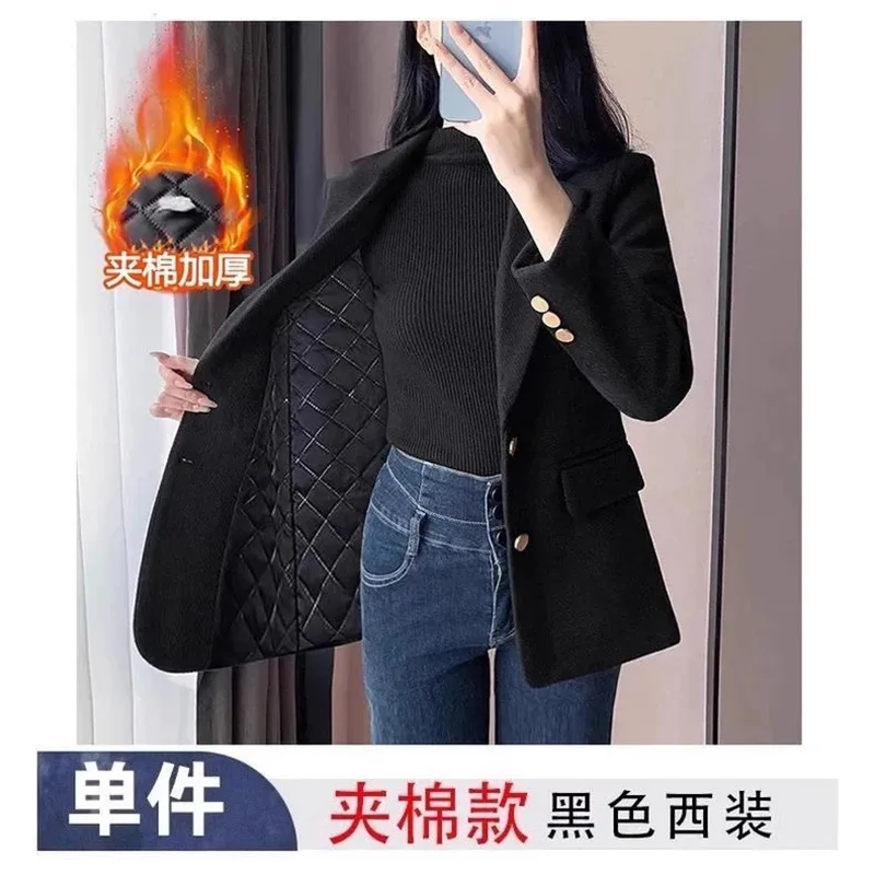 Black Thick Suit Jacket Women Autumn Winter, Cotton Clip, Gentle RTemperament, High Cost P[erformance, Essential For The Workpla