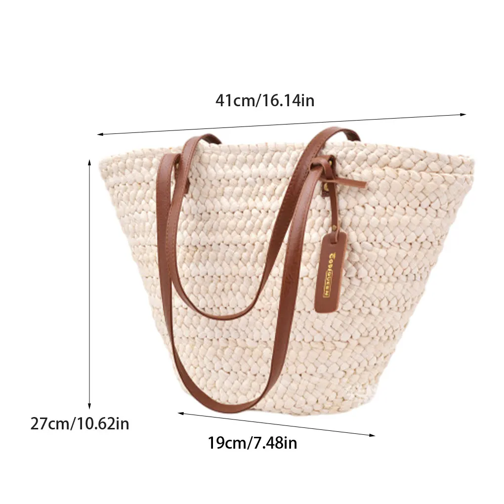 Soft Leather Straw Handbag Comfortable To For Travelling Practical Large Capacity Shoulder Bags As Shown