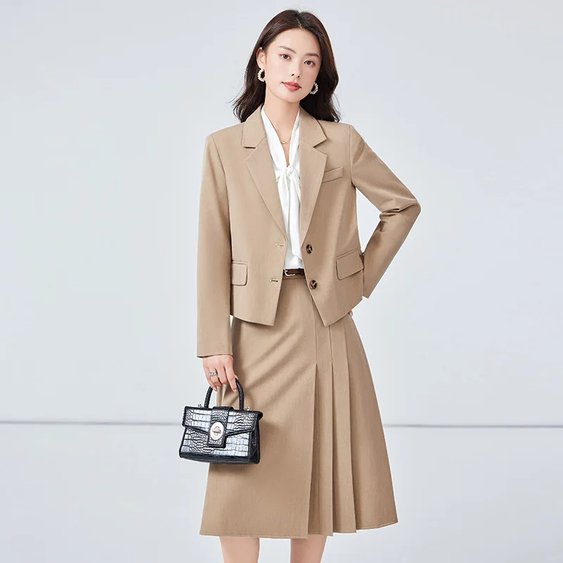 

UNXX Khaki Professional Suit Set for Women: 2024 New Petite Short Style College Student Interview Formal Skirt Suit Work Uniform