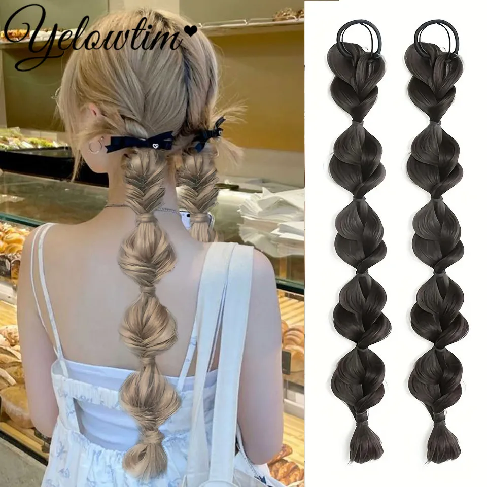 

YELOWTIM Synthetic Bubble Twist Ponytail High Elastic Wig Woman Hair Side Natural Lantern Braid Black Hous tail Hairpiece