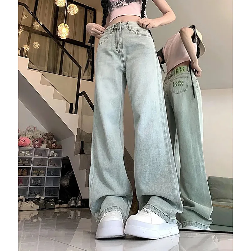 女性シックなグリーン刺繍ジーンズパンツ女性ルーズフィットデニムパンツ女の子ハイウエストストレートレッグジーンズズボン