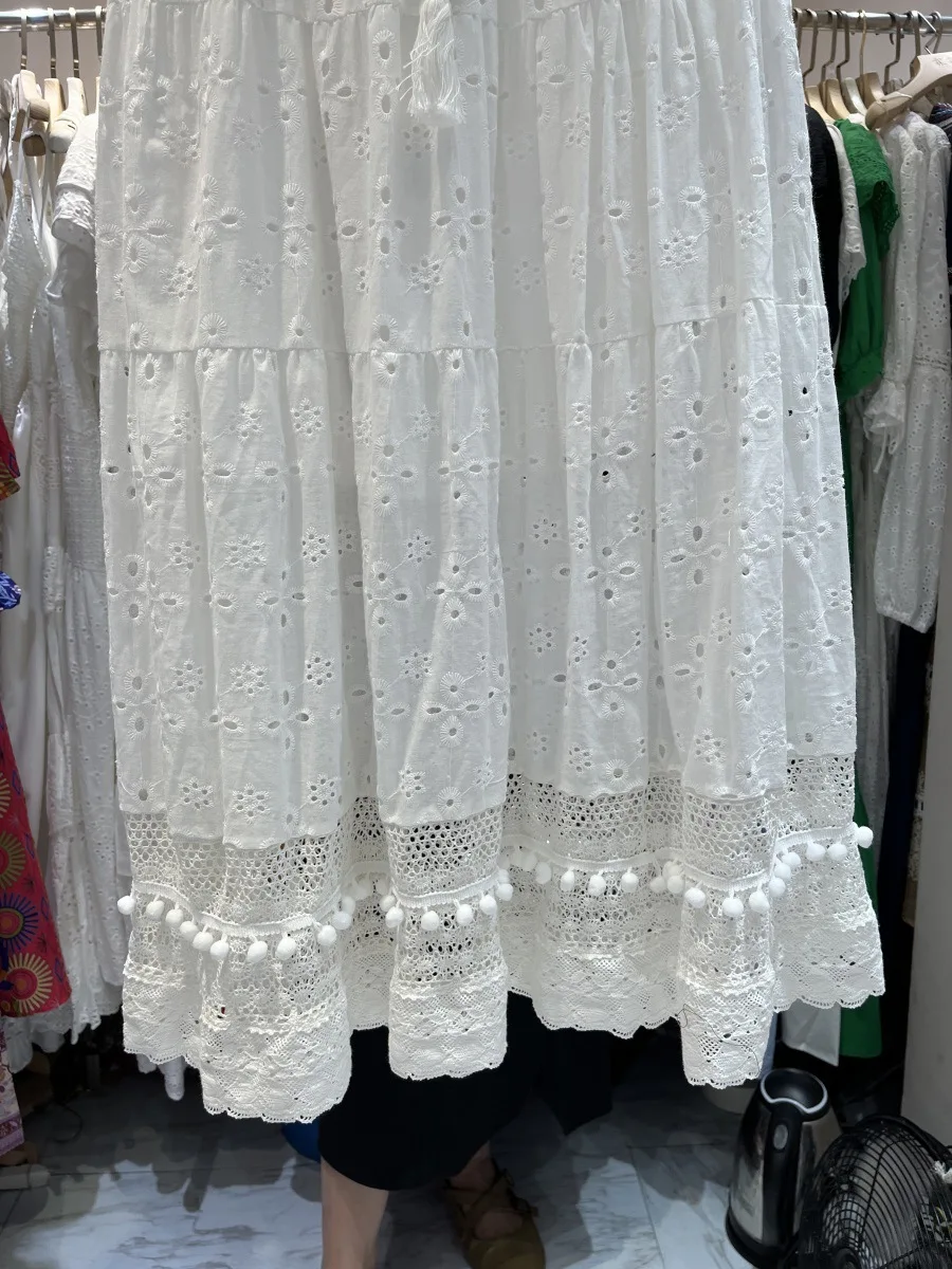 Mulheres Branco Oco Out A-Line Saia, Cintura Alta, Cordão, Faldas Longo Bordado, Saias Midi, Moda Casual, Férias, Verão