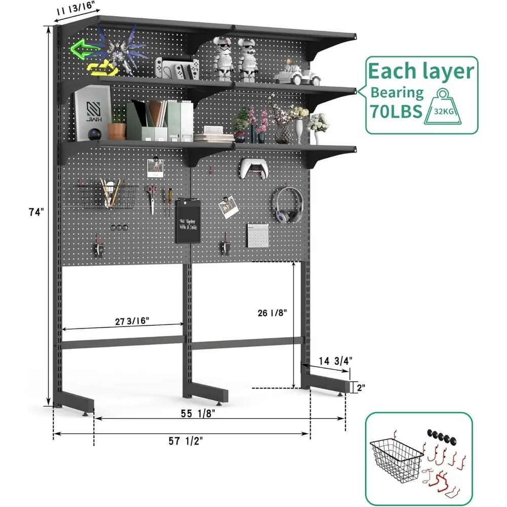 Pegboard Standing Shelf Units, Modular Pegboard and Shelf System with 15 Pieces Organizer Tool Holders