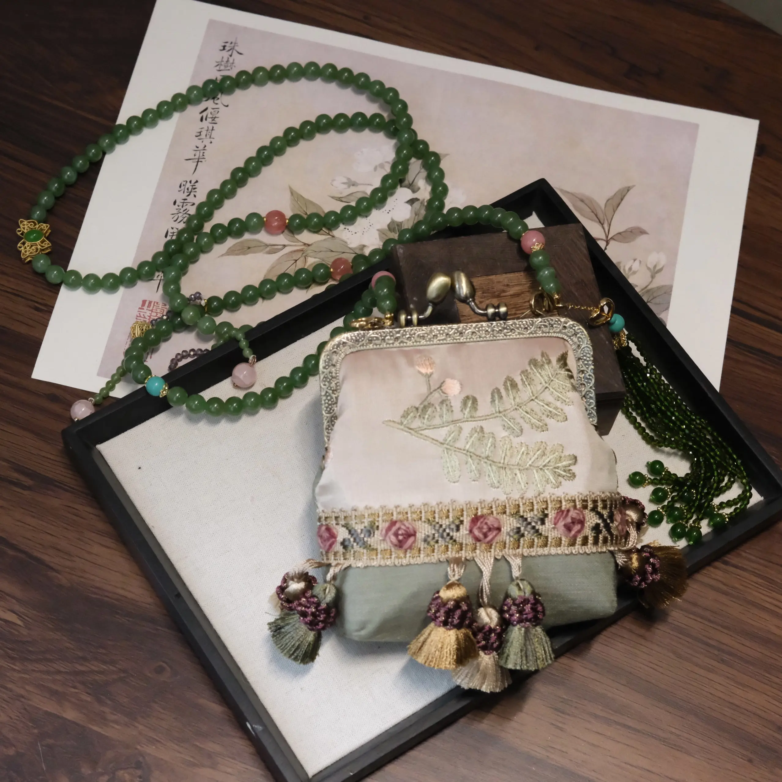 New Chinese Style Long Crossbody Embroidery Bag Bead Chain Retro Pure Handmade Fringed Shoulder Bag Women's Change Bags Women