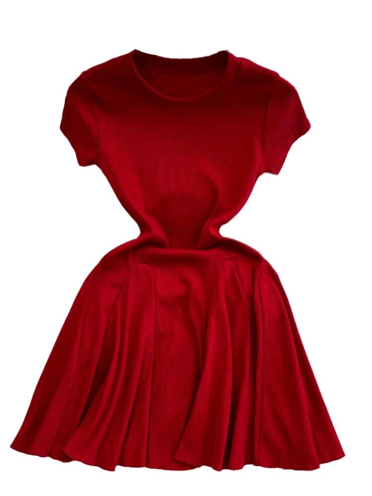 Sommer Faion Koreanische Sle ort Sve runde Ne Abnehmen A-Line Puffy Dr Hot Girl Reine Farbe Hohe Taille ort Dr