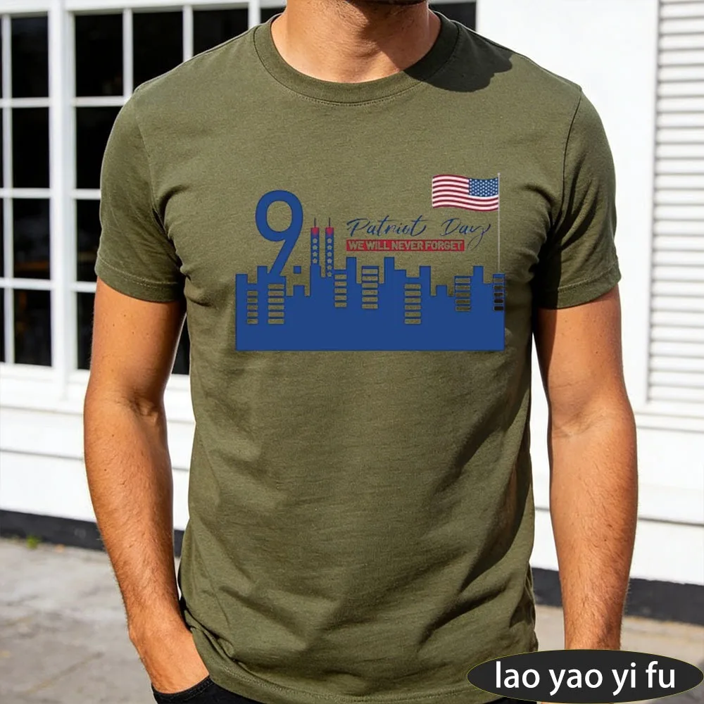 Patriot Day We Will Never Forget 9.11 City Skyline Mini Flag Graphic Print Men Cotton T Shirt Memorial Casual Street Tees Tops - view 5