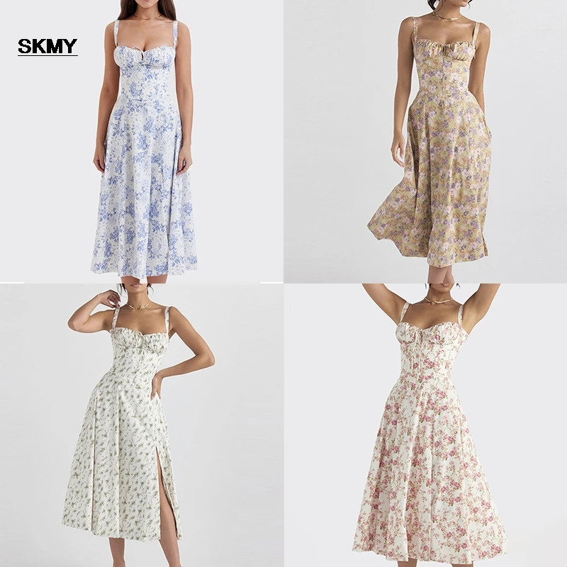 SKMY-vestido Floral elegante para mujer, ropa Sexy de manga corta, Color sólido, con abertura y tirantes, para vacaciones