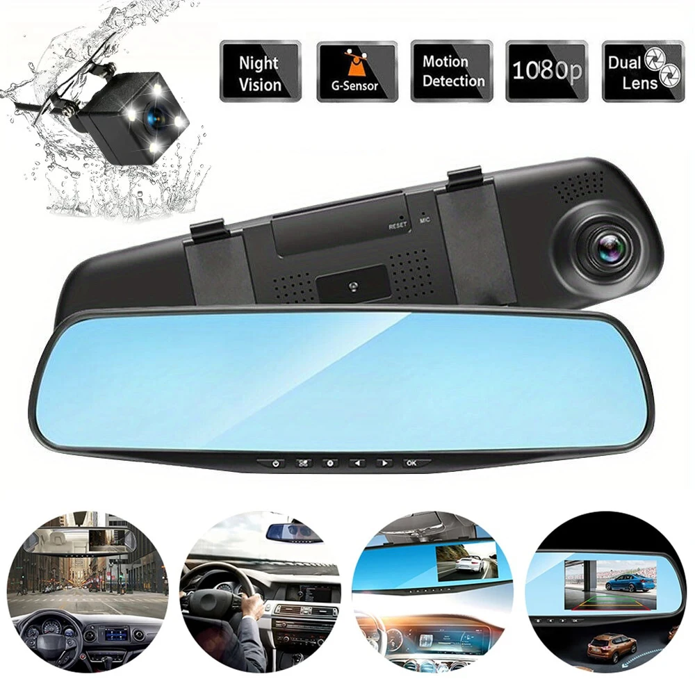 Dual Camera Dash Cam, Front/Rear Lenses, Rearview Mirror Cam, 64GB Card, Night Vision, Wide Angle, Loop Recording
