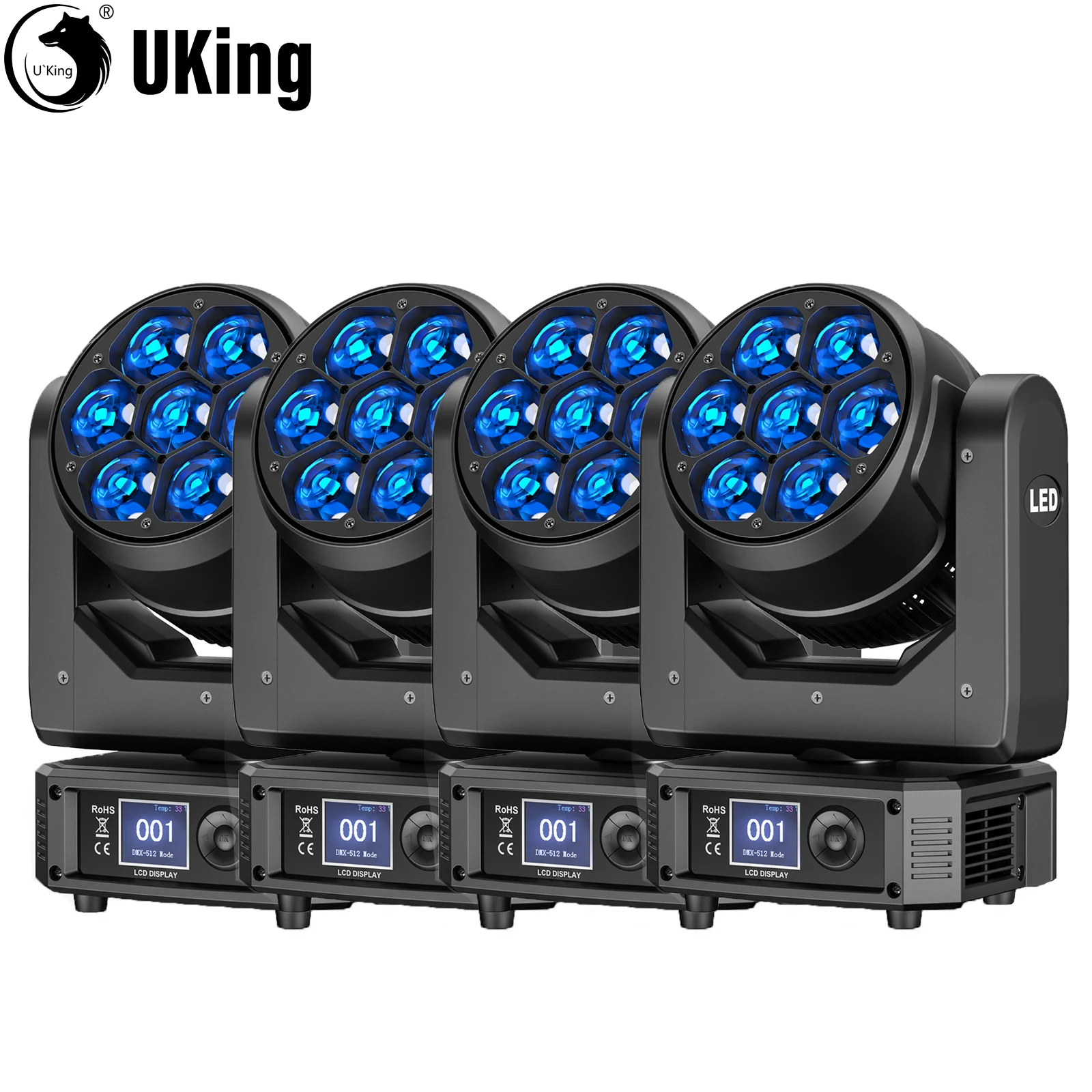 

U'King 4Pcs 300W Moving Head DJ Lights 7LEDs RGBW BEE'S EYE Beam Stage Lights DMX512 Control For KTV Bar Christmas wedding Party