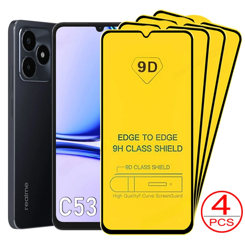 4PCS For Realme C53 C55 9D Tempered Glass For Realme C35 C33 C31 C30 C3 C51 Screen Protectors For Realme C21Y C25Y C12 C15 C17