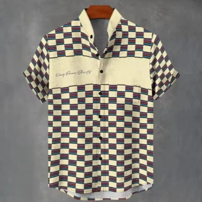 Kemeja Kancing Sebaris Kerah Berdiri Lengan Pendek Linen Kasual Musim Panas Pria Baru 2025 Atasan Cetak Nyaman dan Modis