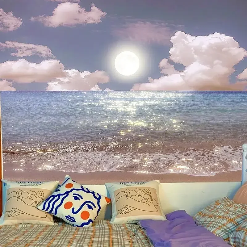 Hermoso paisaje y Luna serie de sueños macramé colgante de pared Kawaii decoración de habitación tapiz adolescente Indie dormitorio decoración Mural carteles