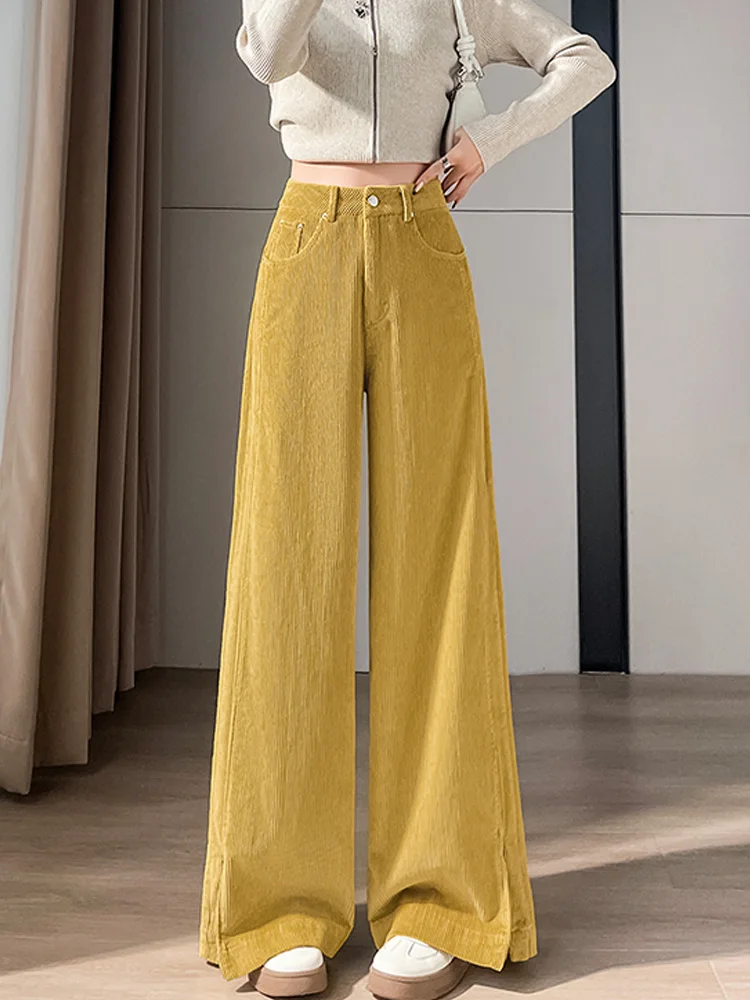 

Однотонные вельветовые широкие брюки для женщин на осень и зиму, толстые повседневные широкие брюки прямого кроя с высокой талией