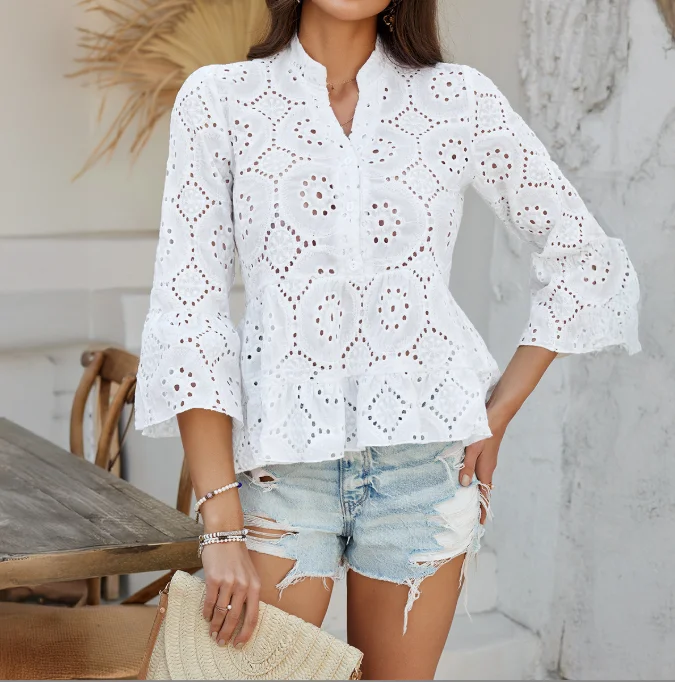 

Spring and Summer Top Women's Waist Cinched Casual Elegant Vacation Style Solid Color Hollow V-Neck Seven Quarter Sleeved Shirt