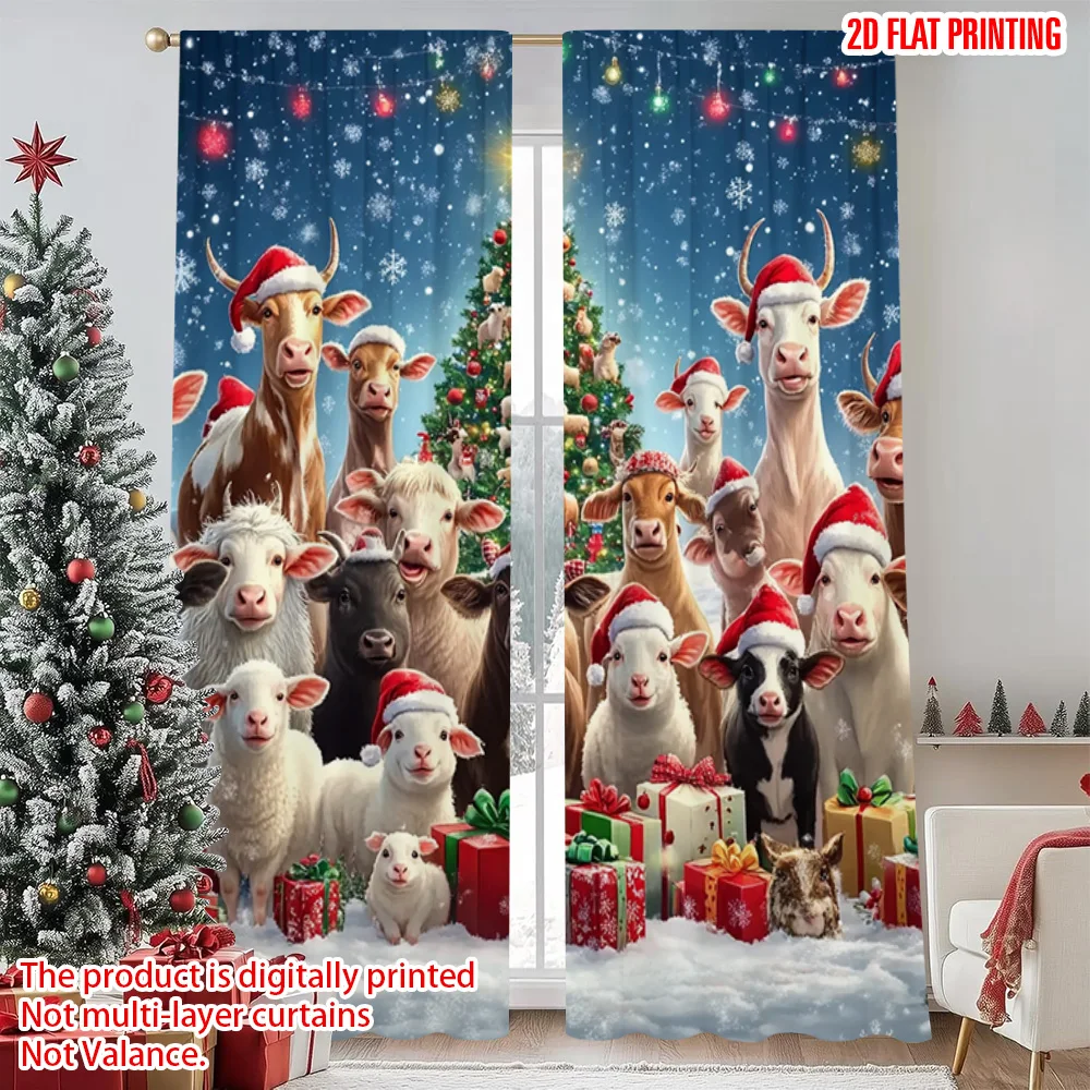 

2pcs 2D flat printing Merry Christmas Curtain Christmas Farm Machine Washable Polyester Without Electricity Festive Holiday Use