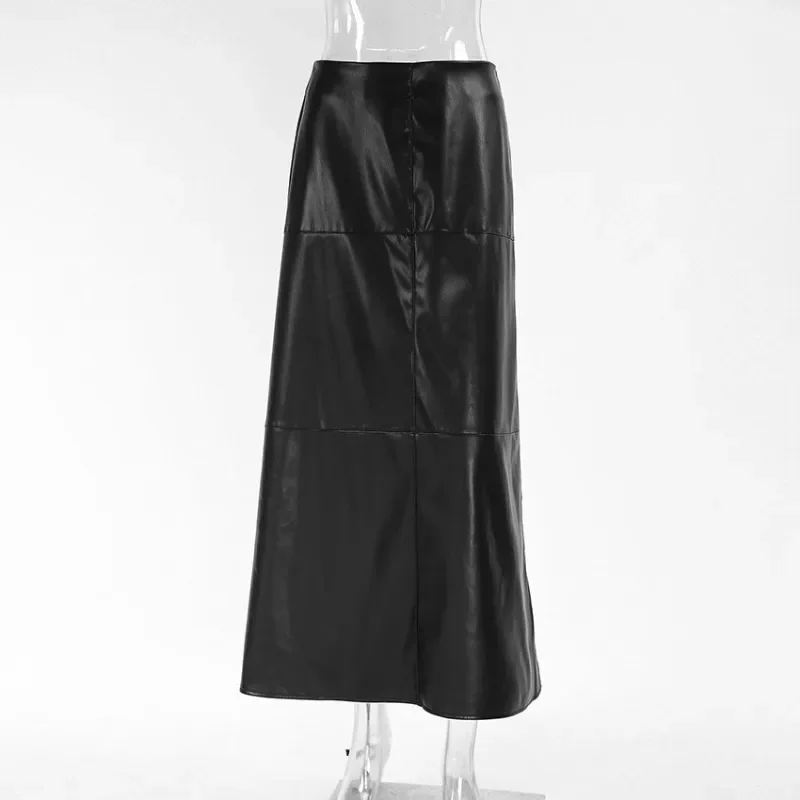 Women Retro Black Skirt Matte LeatherCommuter A-shaped High Waist Solid Color Fashion Streetwear Office Ladies Long Midi Skirts