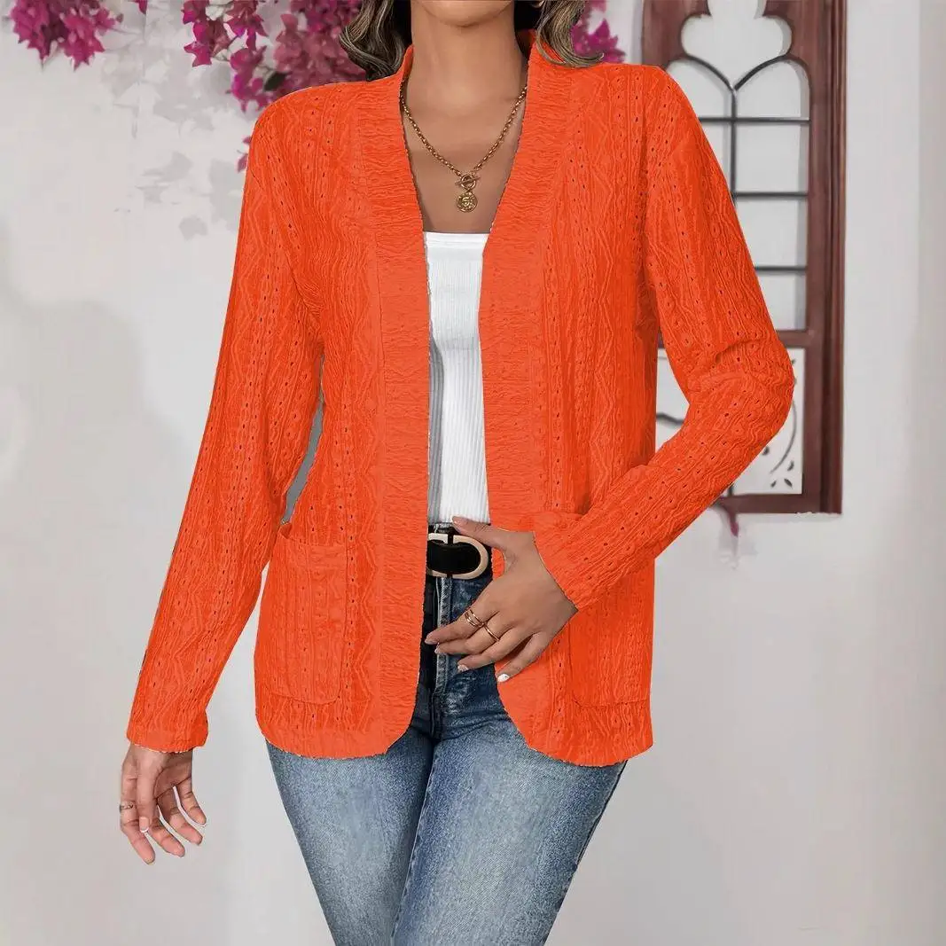 

Elegant Long Sleeve Pocket Open Front plus Size Women's Top for Autumn Winter Independent Station Citywalk Polyurethane Elast...