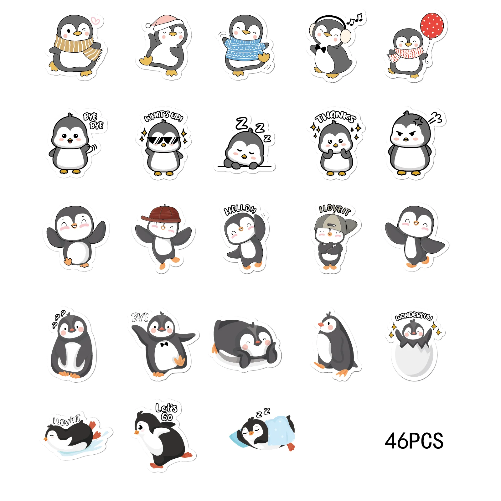 46pcs Cute Penguin Cartoon Graffiti Stickers Decorated Notebook Water Cup Suitcase Guitar Classic Toy Waterproof PVC Decals