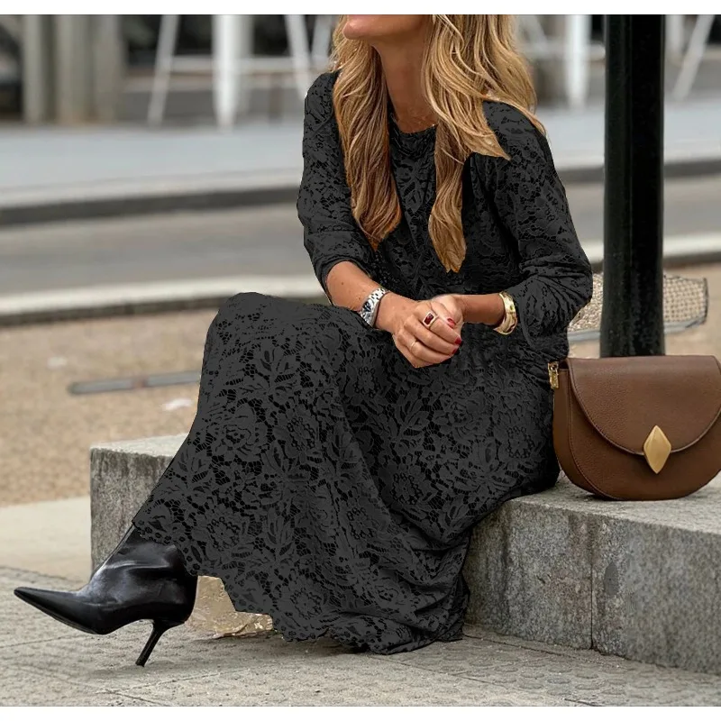 Elegant Lace Slim 2 Piece Set Spring 2026 New Fashion O-neck Tops & Half Skirt Set Women Casual Long Sleeve Solid Party Outfits
