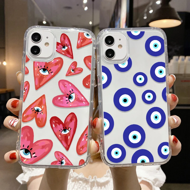 Evil Eye Case For iPhone 11 Case Love Heart Funda For iPhone 11 12 13 16 14 15 Pro Max XS X XR 16 15 13 6 7 8 Plus Clear Cover