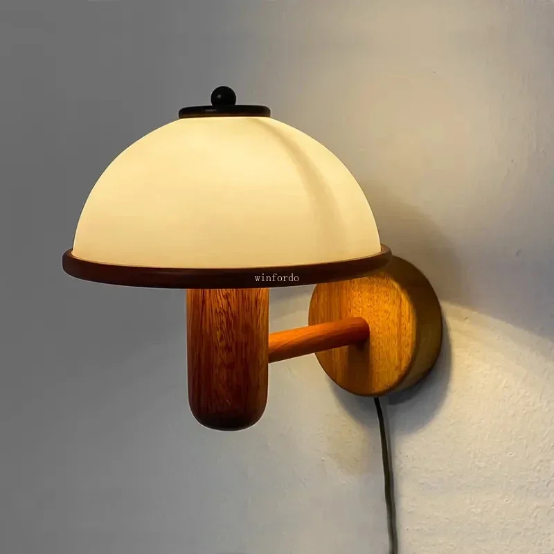 

Nordic Retro Mushroom Wall Lamp External Wire Plug Wood Acrylic Lampshade Light Bedroom Living Room Corridor Decorative