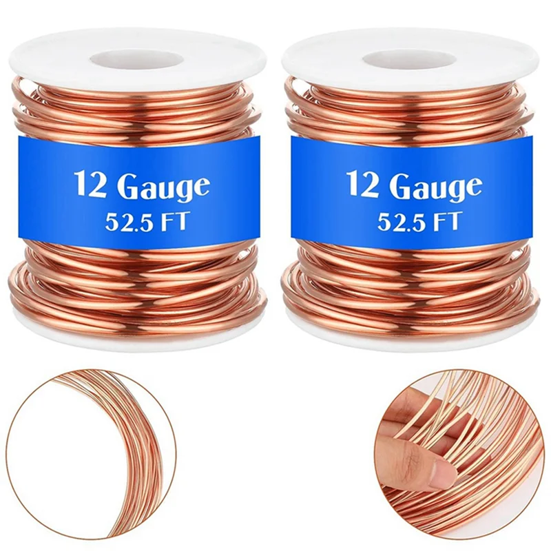 2 Rolls Soft Copper Wire Solid Bare Bendable Wire for Electroculture, Jewelry Making (12 Gauge 52.49Feet Per Roll)