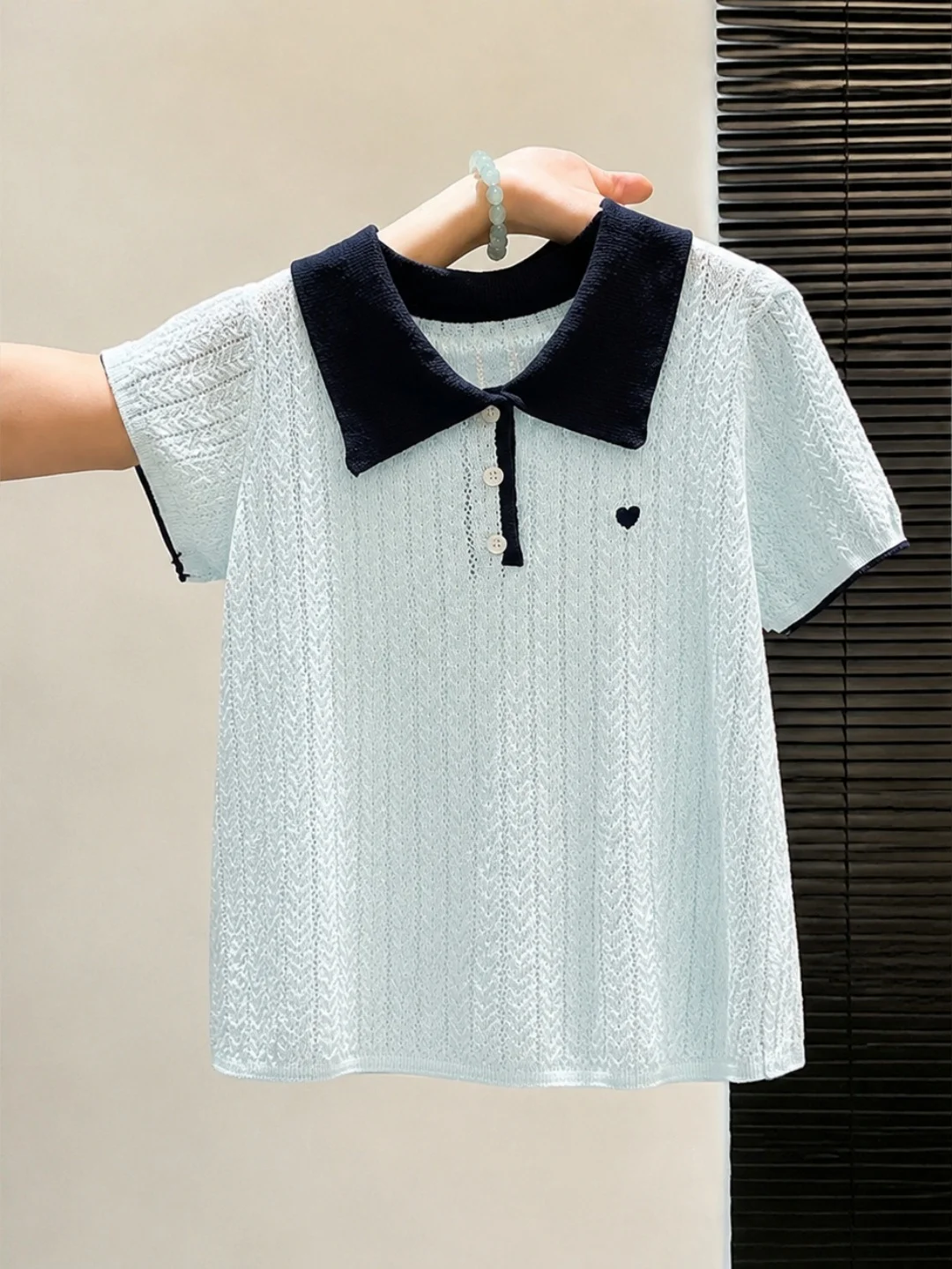 

Summer Casual Loose Short Sleeve Knitted Neck Top Women's Fashion Color Block Straight Cut Silk Blend Commute Style