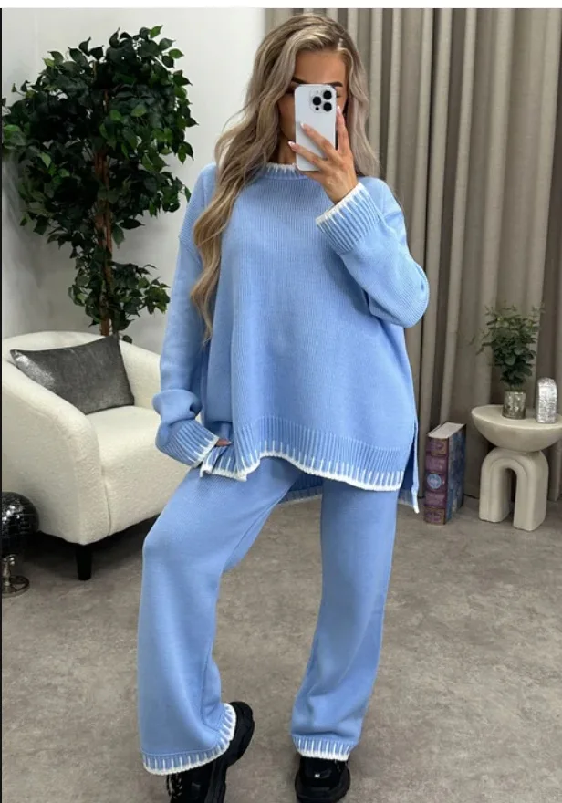 Women Knitting 2 Piece Set Casual Loose O Neck Pullover Top Wide Leg Pants Two Piece Outfits Fashion Color Matching Home Suit