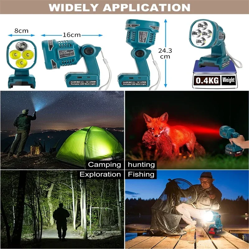 Cordless LED Flashlight Flood Lights Lantern For Bosch 18V Li-ion Battery Portable Work Light Camping Lighting with USB