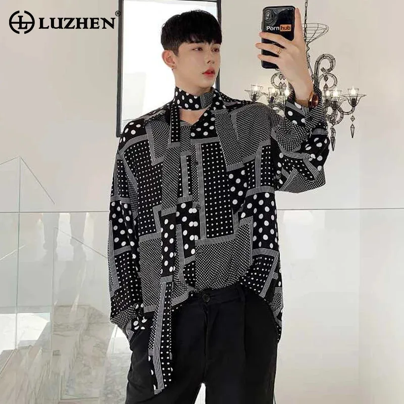 LUZHEN Design Wave Dot Long Sleeved Shirt Personalized Trendy Irregular Pattern Patchwork Original Men's Casual Tops LZ5283