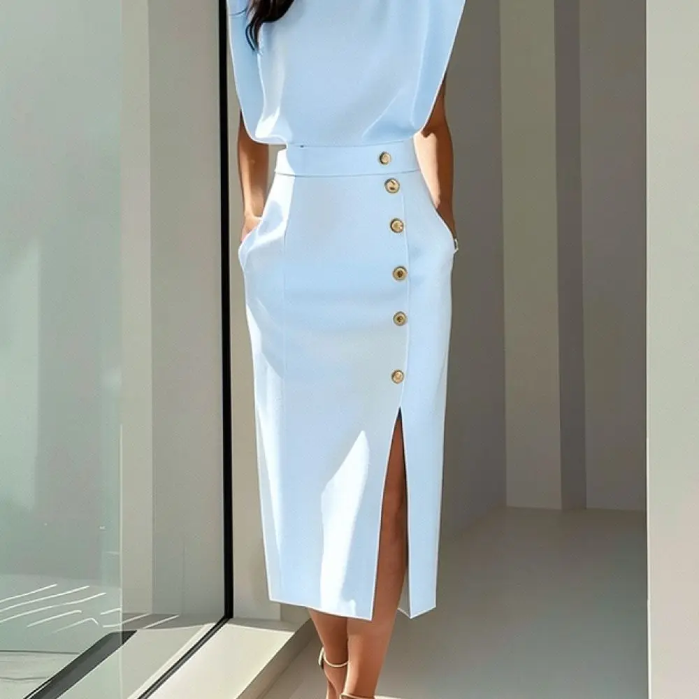 Elegant Ladies Summer Slim Fit Dress Sleeveless Round Neck Split Button Detail Casual Office Work Party Bodycon Midi Vestidos