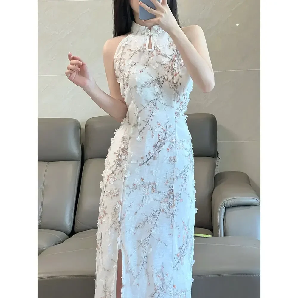 2023 Improved Chinese-style Qipao Sleeveless Halter Neck Cheongsam Dress Slim Bodycon Elegant Sexy Summer Wear Party Performance